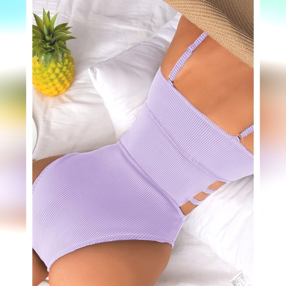 Hilinker Light Purple Ribbed One Piece Cutout Tummy Control Bathing Suit XL - Picture 2 of 10